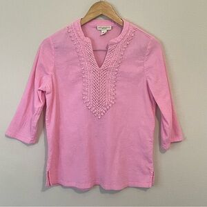 Appleseed’s Women’s Petite M Pink 3/4 Sleeve Crochet Lace V Neck Crinkle Top